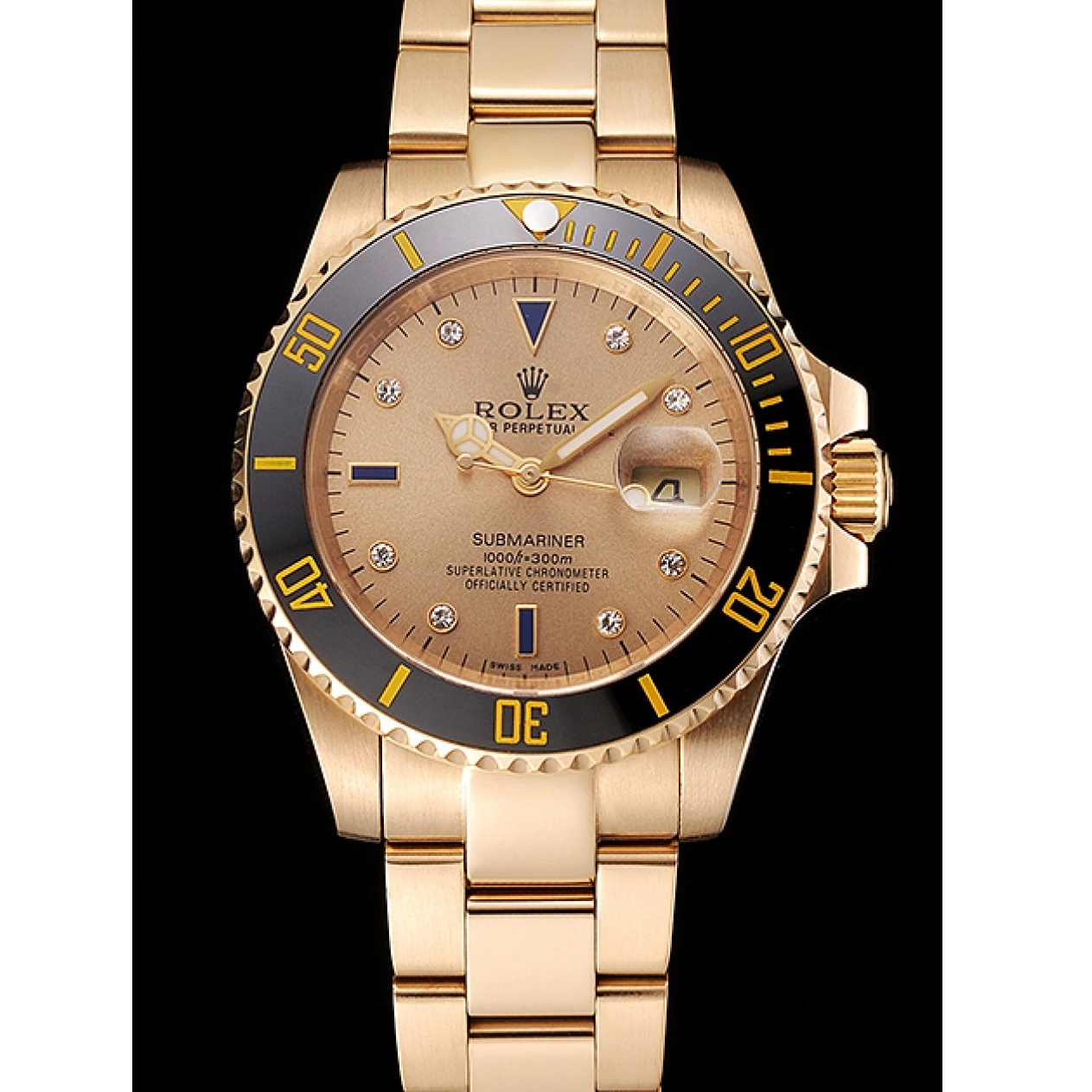 Rolex aaa copy Rolex Case Yellow Swiss Gold Bracelet And Submariner Diamond Markings With Black Dial Bezel Gold 0616